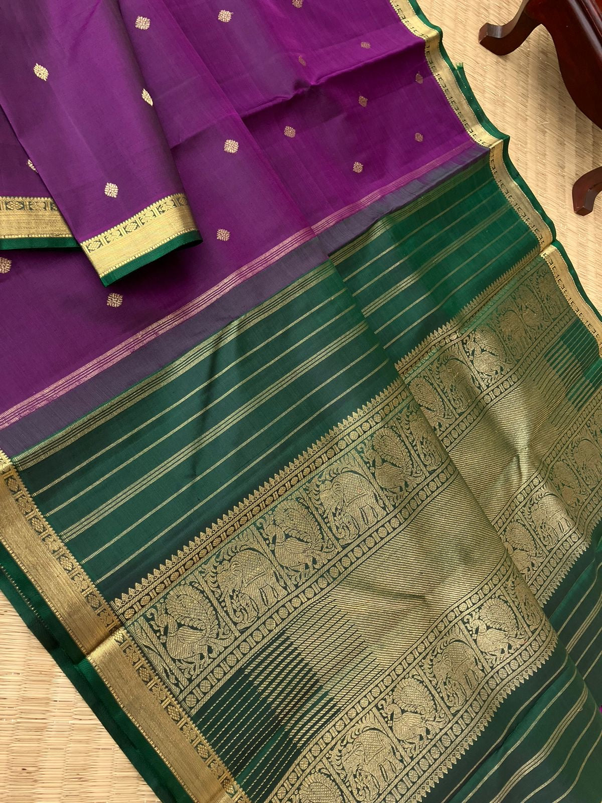 Swarnam - Stunning Small Border Kanchivarams - deep dark brinjal purple and Meenakshi green