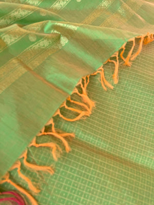 Zari Kissed Silk Cotton - pale pastel green lakshadeepam with parrots woven pallu