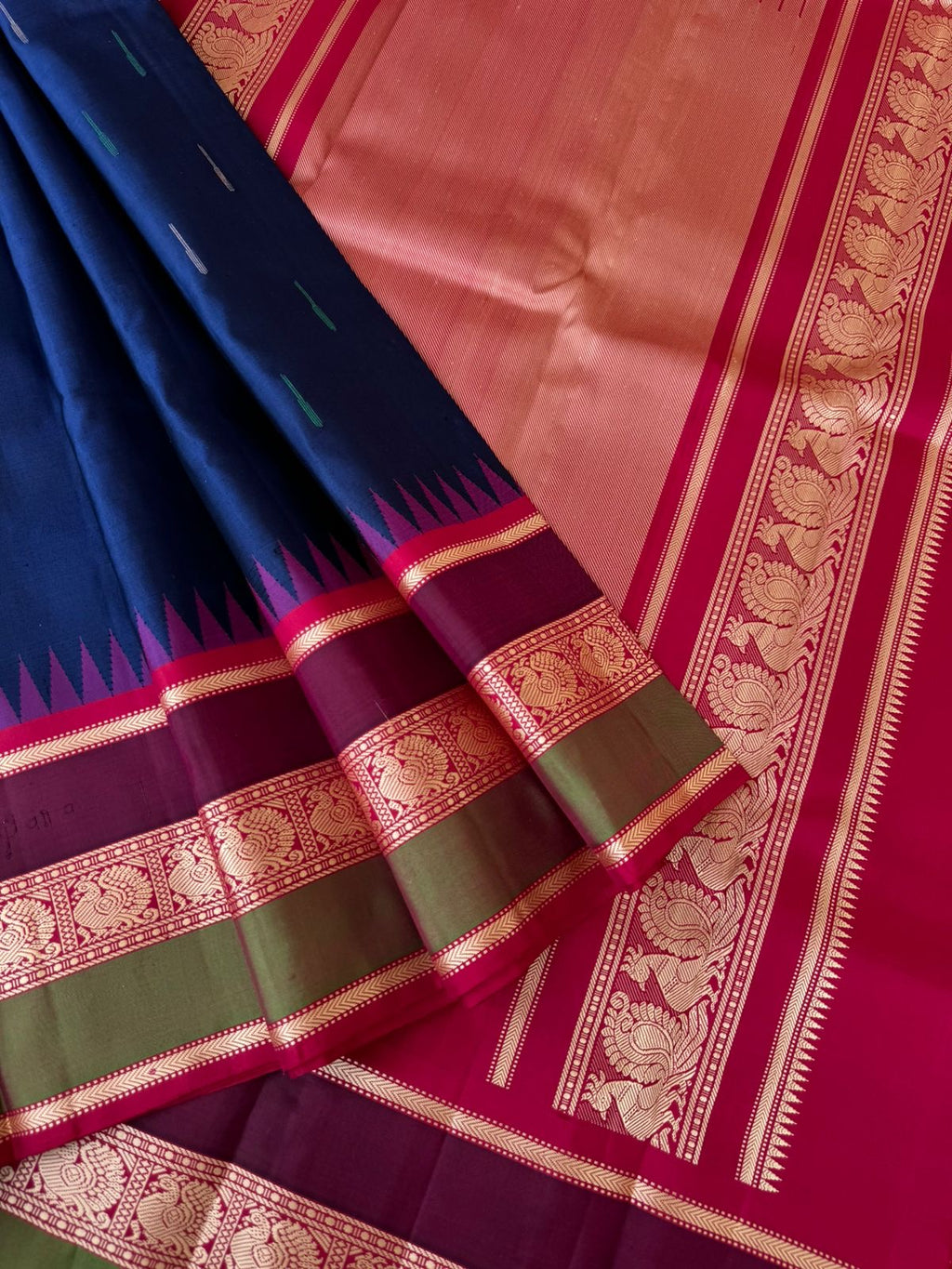 Silk Play on No Zari Kanchivaram - deep dark navy blue and kum kum red pink rain drops woven buttas