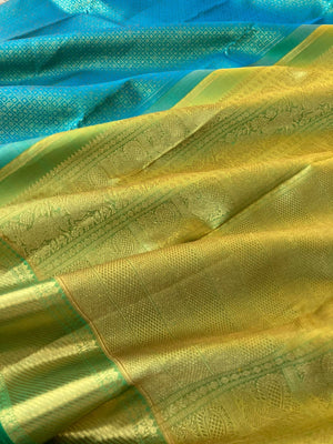 Seetha Kalayanam - The best of bridal Kanchivaram - the most gorgeous teal blue and green full body gold zari kanchivaram