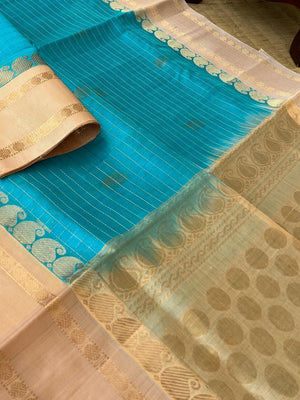 Korvai Silk Cotton - turquoise blue and cream