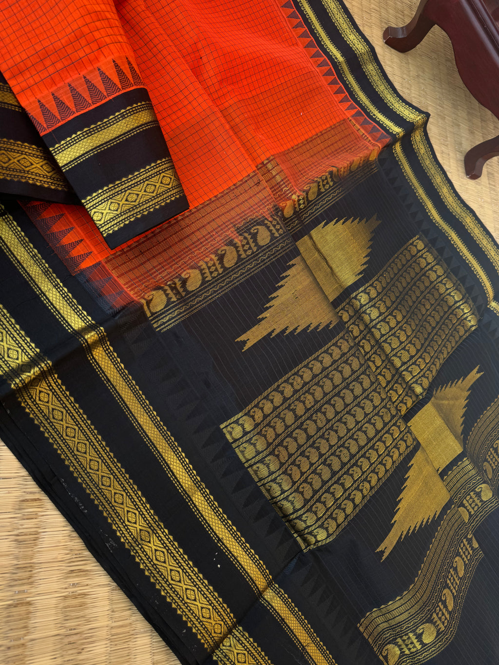 Korvai Silk Cotton - burnt orange and black podi kattam