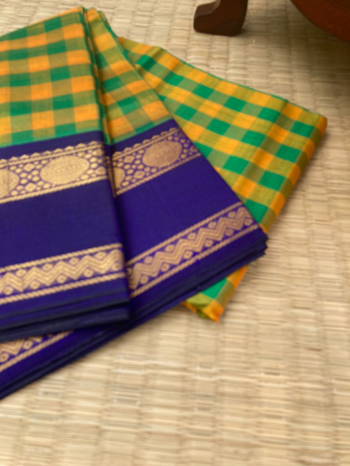 Paalum Palamum Kattams Korvai Silk Cottons - mustard and green chex with ink blue borders