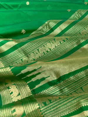 Zari Kissed Silk Cotton - leaf green with elephant woven borders