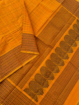 Mangalavastaram - traditional mustard chex woven body with fish pett woven borders