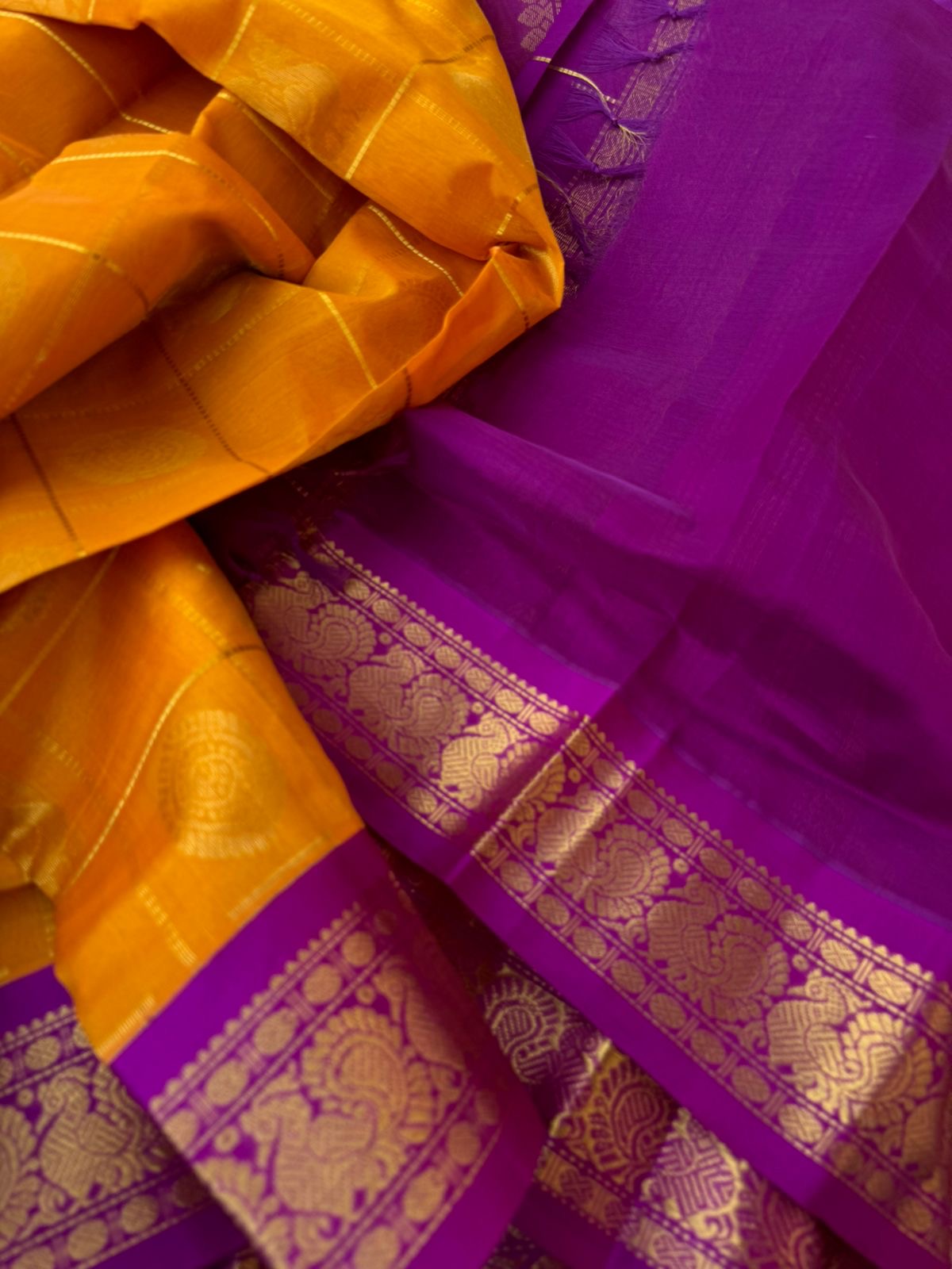 Korvai Silk Cotton - mango mustard and pink mayil chackaram