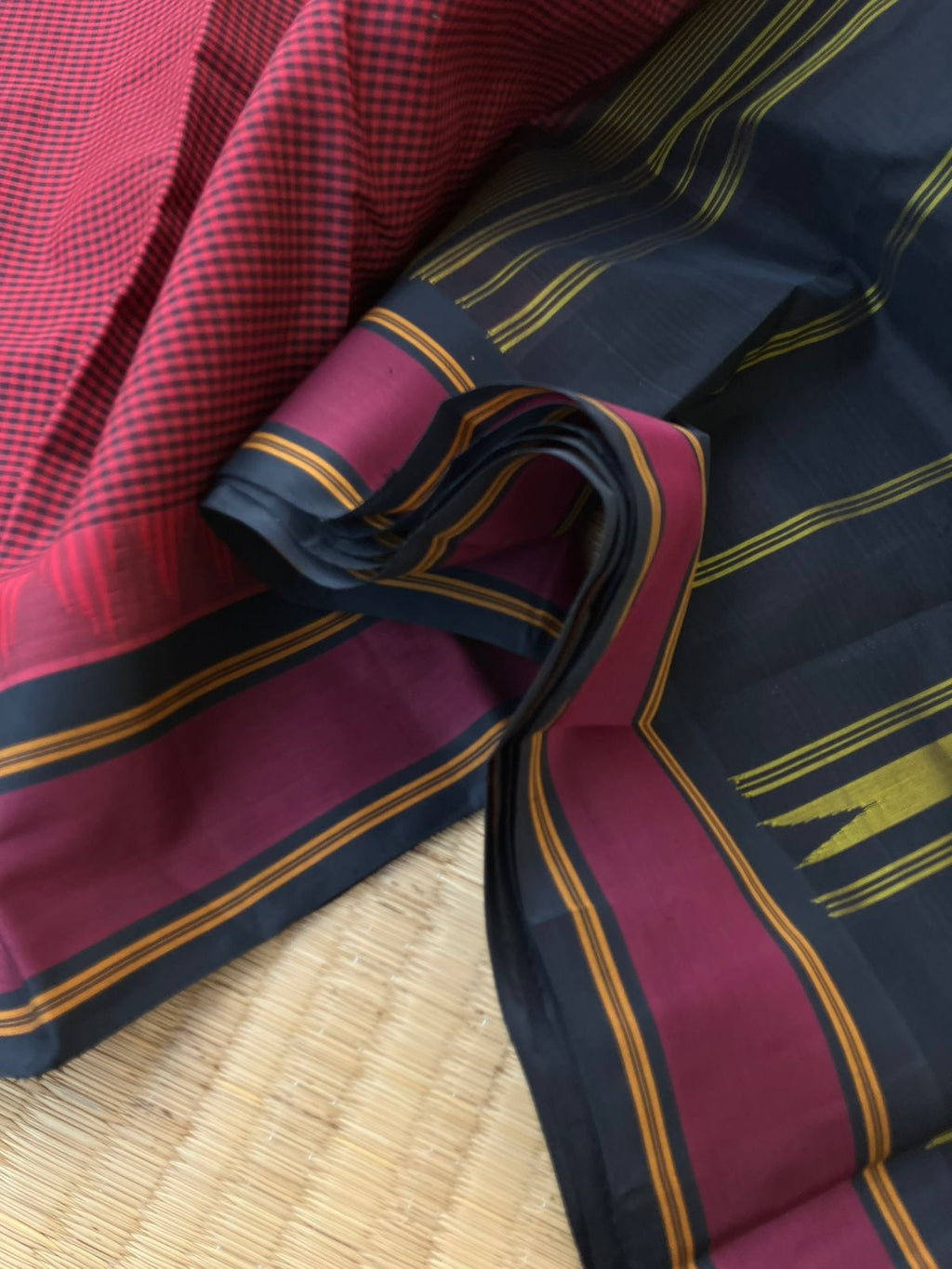 Signature Korvai Silk Cottons - deep dark red and black kasa kasa kattam with burgundy woven borders