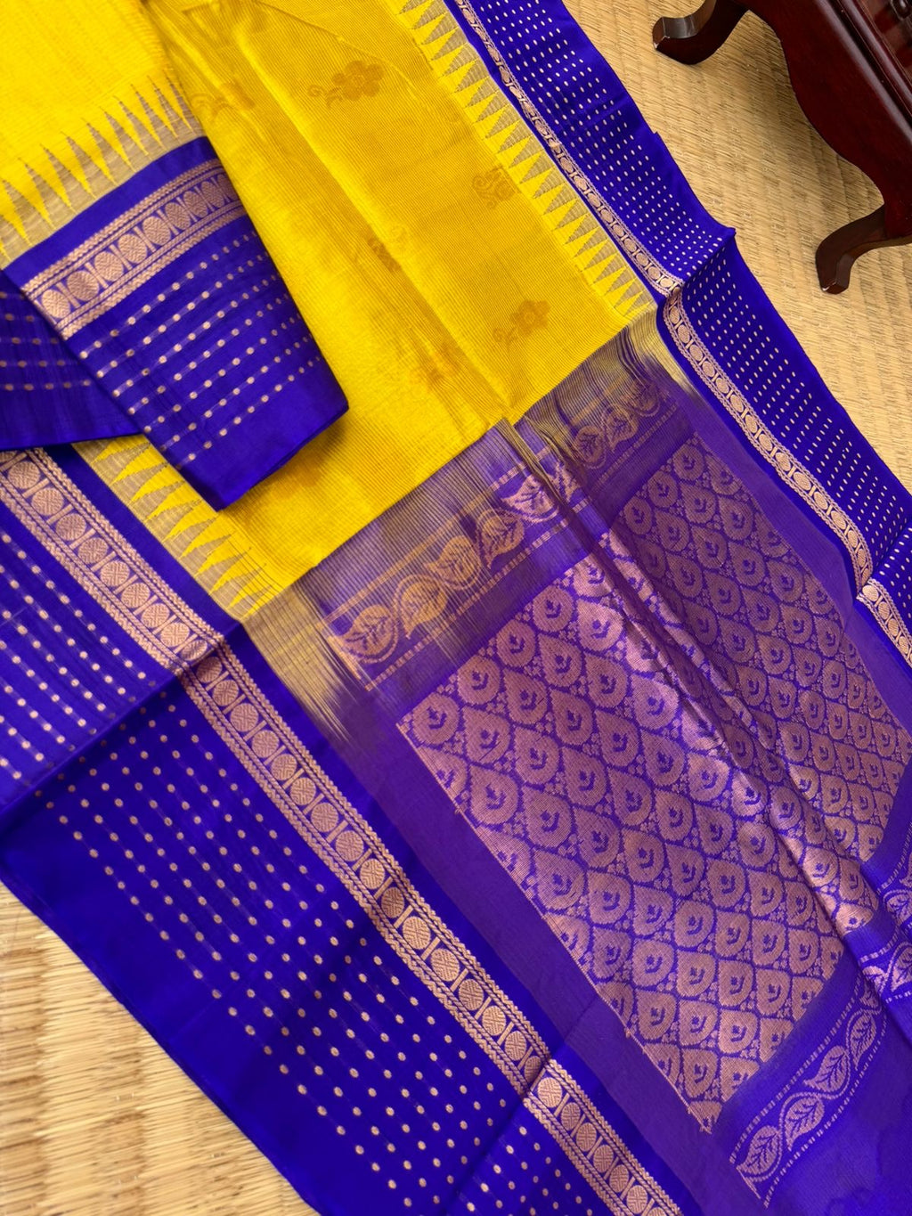 Korvai Silk Cotton - yellow and blue with lakshadeepam woven borders