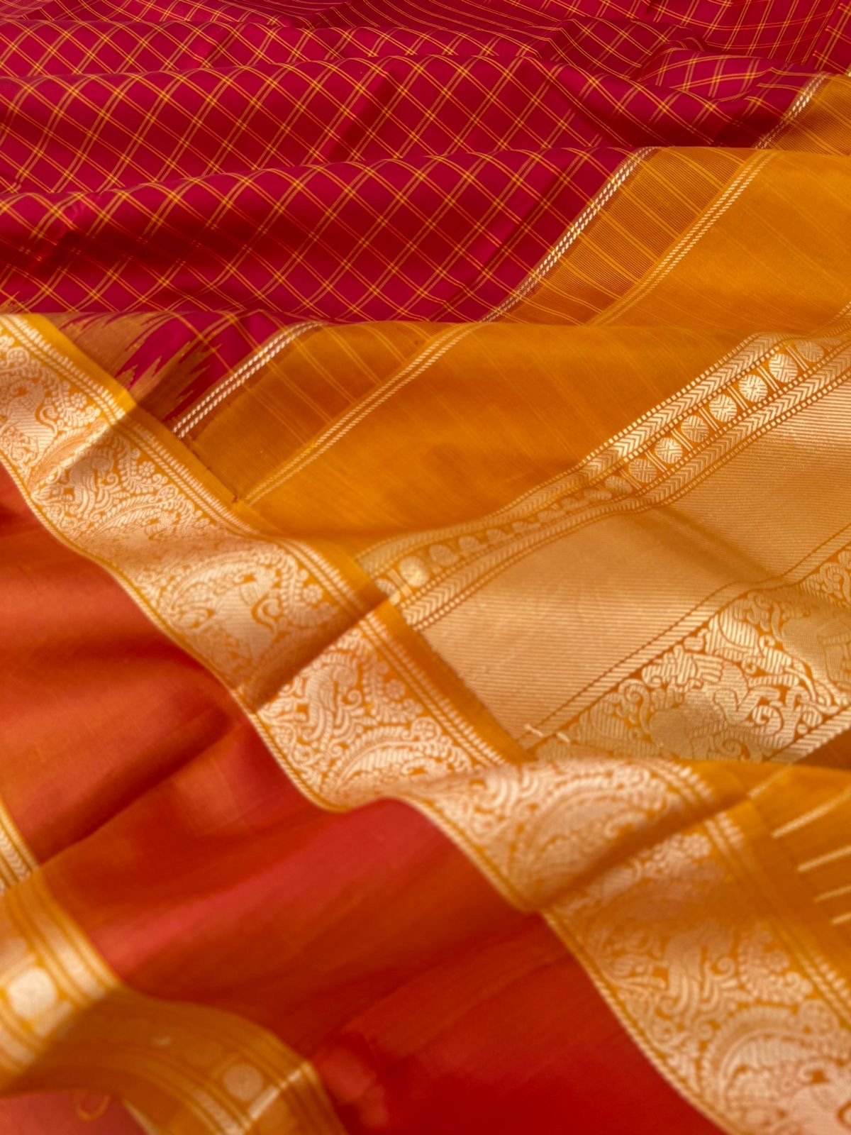 Silk Play on No Zari Kanchivaram - traditional red and mustard kattam woven body with yali woven retta pett borders