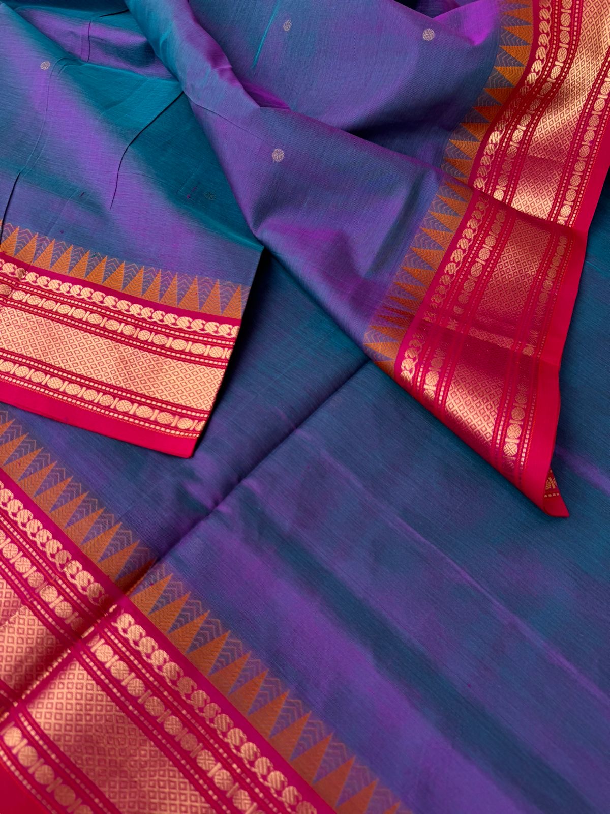 Zari Kissed Silk Cotton - blue short violet with mayil kann woven borders