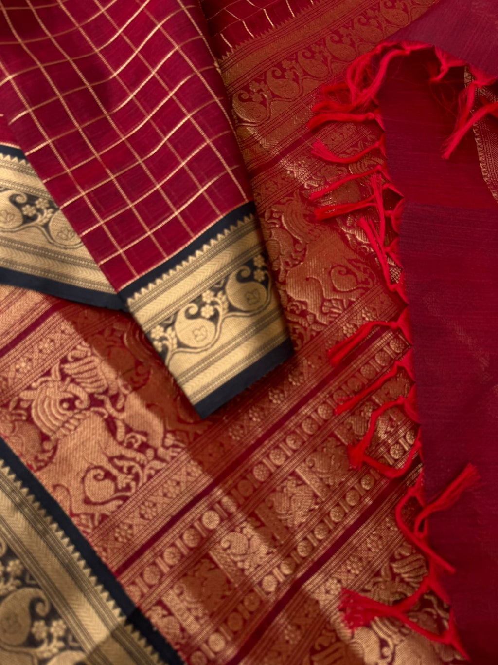 Zari Kissed Silk Cotton - wine maroon muthukattam with paisley woven borders