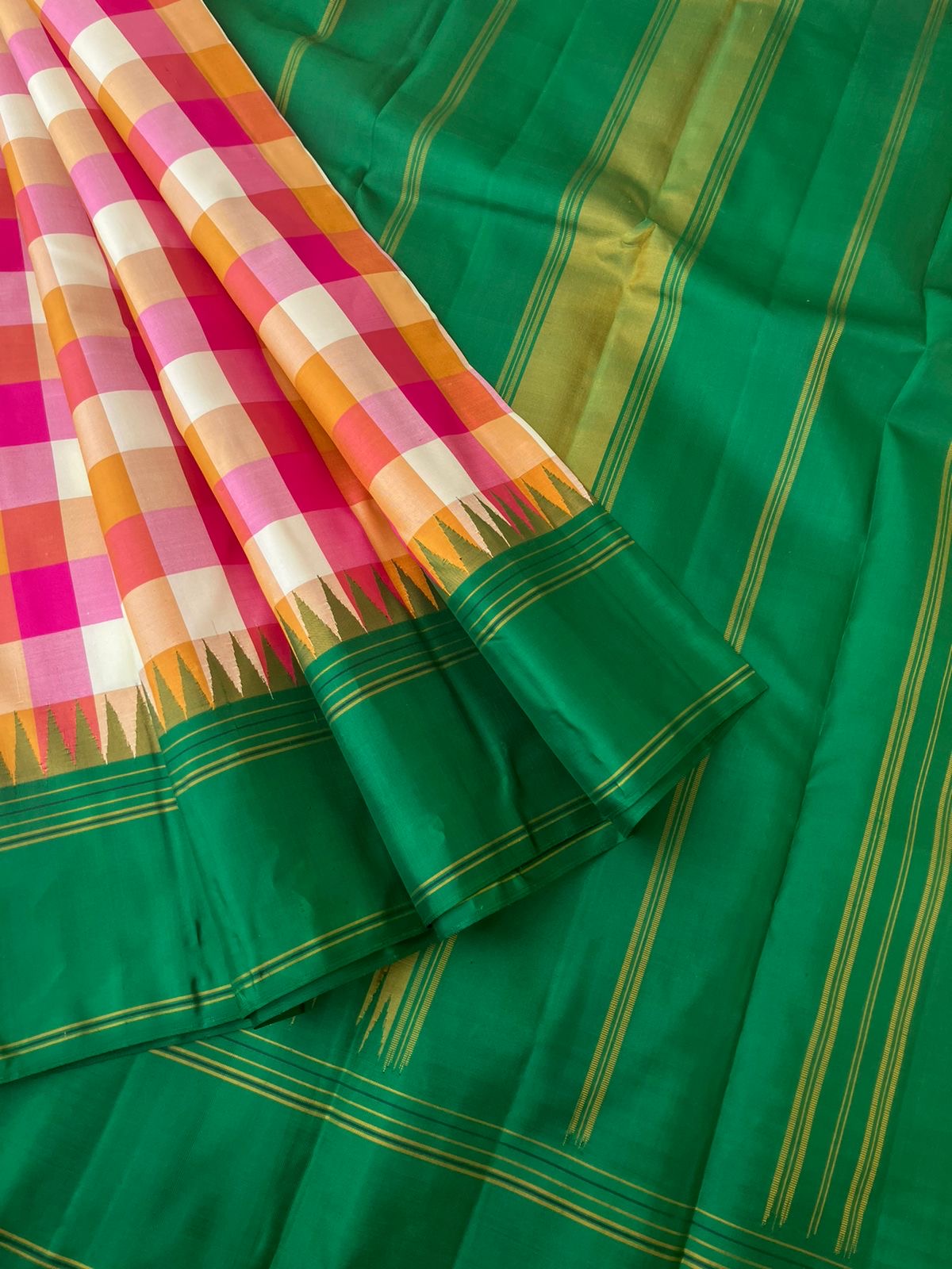 Paalum palamum kattam on Kanchivaram - pink mustard and cream paalum palamum chex with bottle green borders pallu and blouse