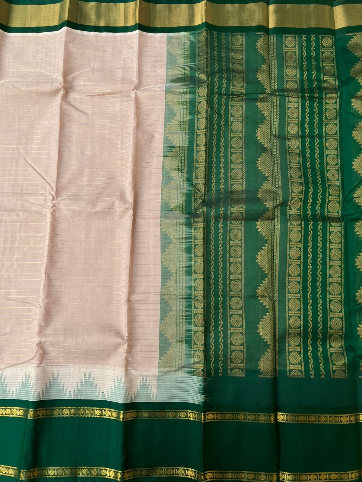 Korvai Silk Cotton - dusty off white and bottle green zari chex