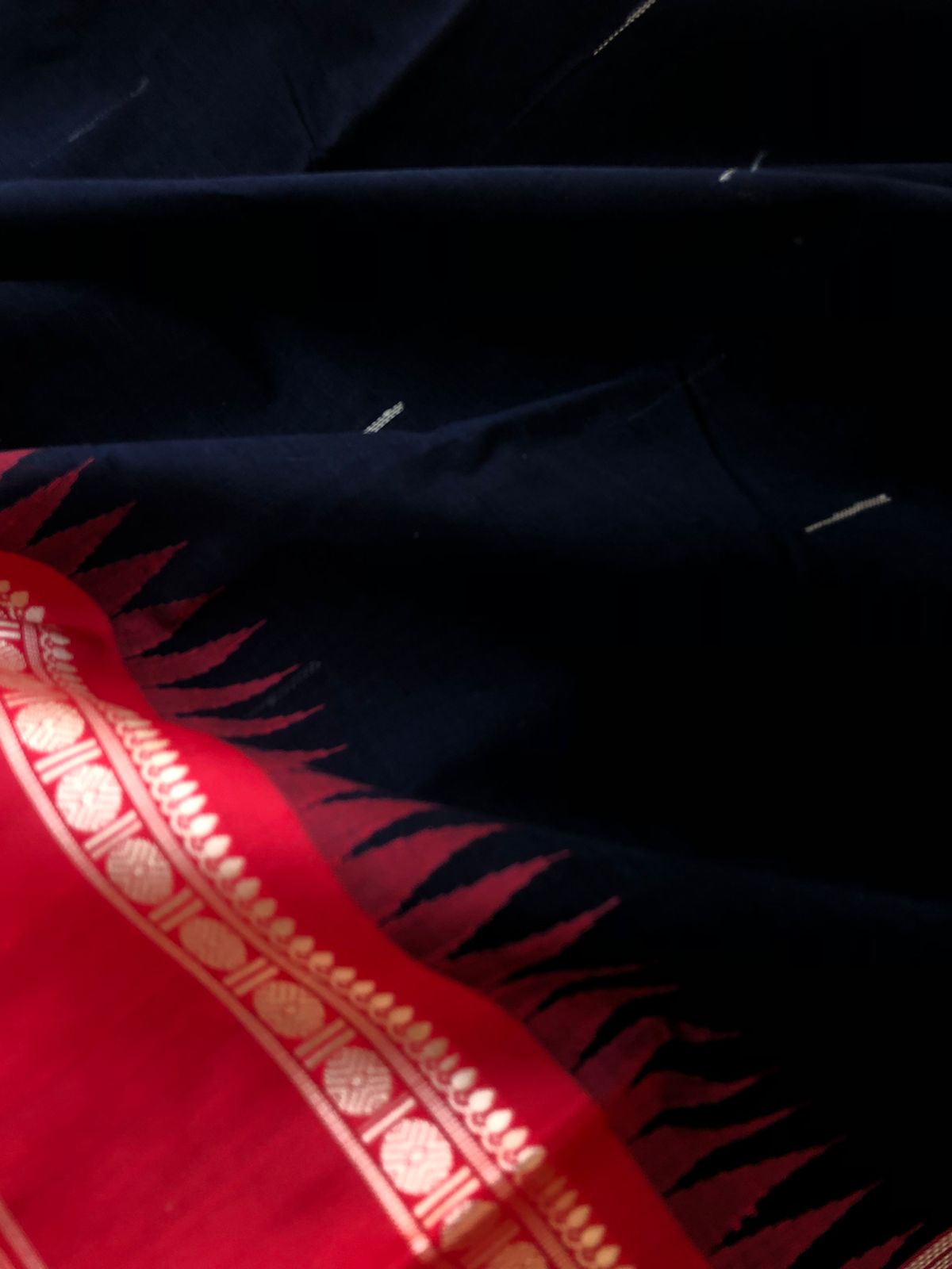 Mira - Our Exclusive Cotton body with Pure Silk Korvai Borders - mid night blue black rain drops woven buttas with red borders pallu and blouse