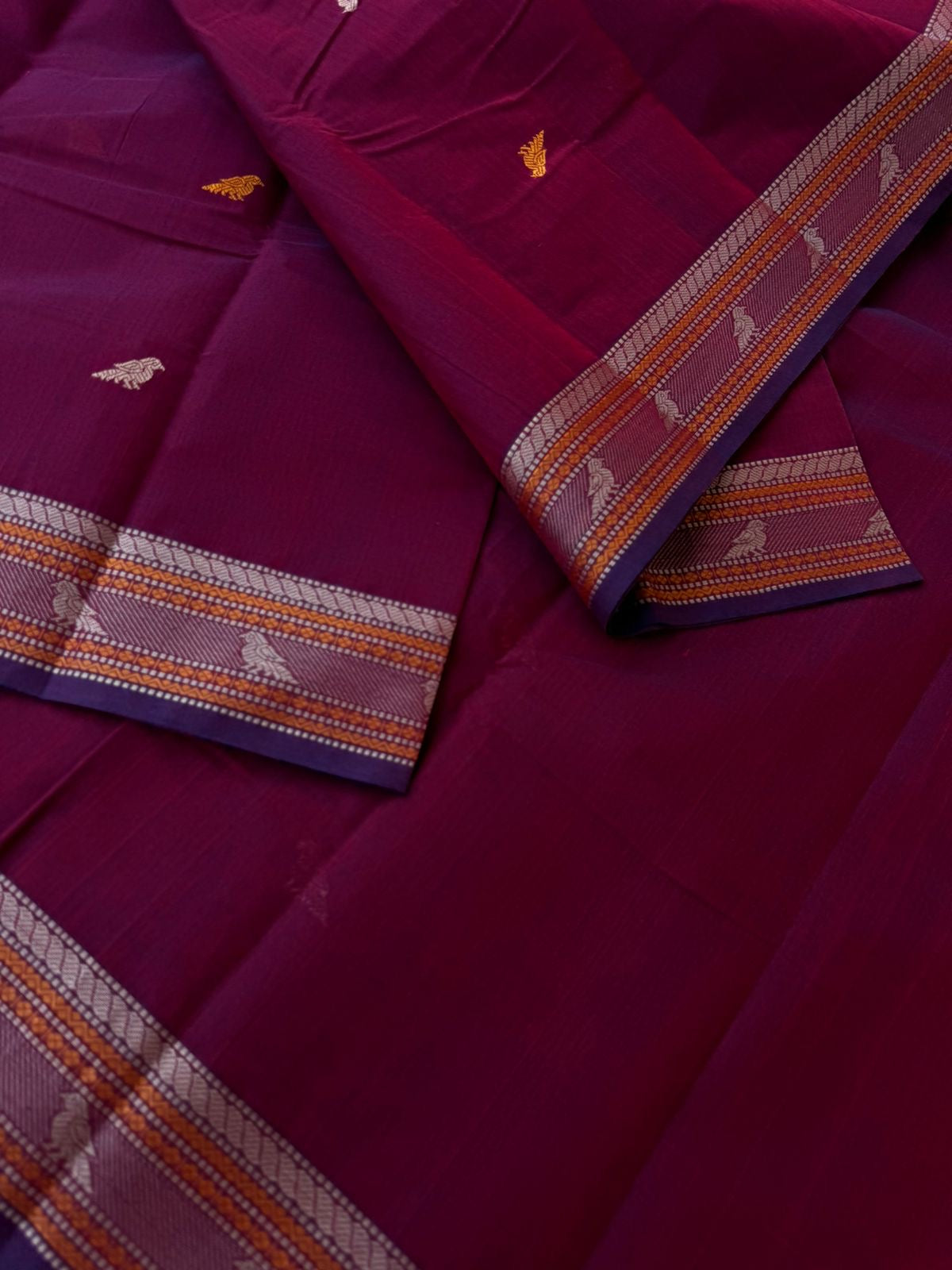 Mangalavastaram - deep burgundy with parrots woven buttas