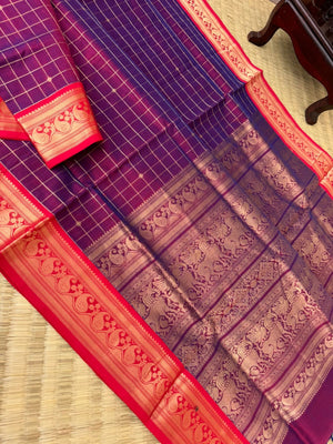 Zari Kissed Silk Cotton - red short violet purple with muthukattam body and paisley woven borders