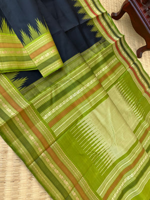 Sahasra - Beauty of No Zari Korvai Kanchivaram - black and olive green with intricate woven borders