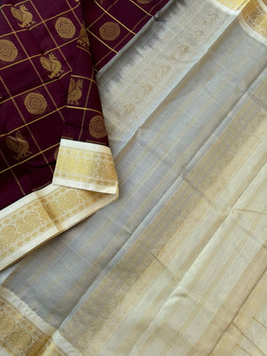 Korvai Silk Cotton - deep brown and ivory mayil chackaram