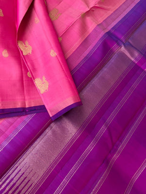 Mohaa - Beautiful Borderless Kanchivarams - rose pink and violet annapakshi woven buttas