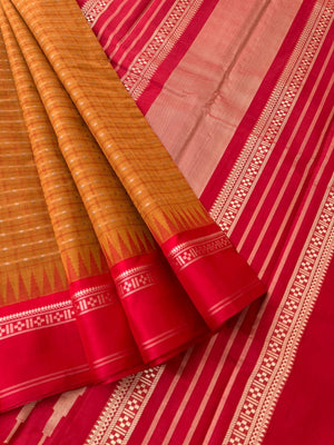 Mira - Our Exclusive Cotton body with Pure Silk Korvai Borders - mustard and red lakshadeepam