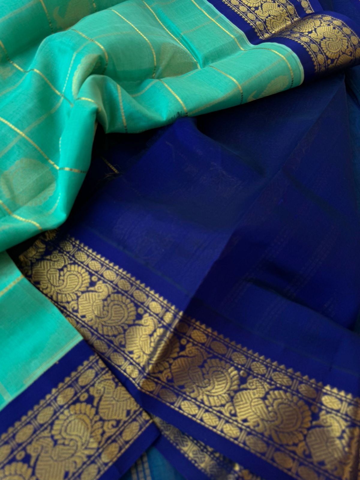 Korvai Silk Cotton - aqua blue and ink blue mayil chackaram