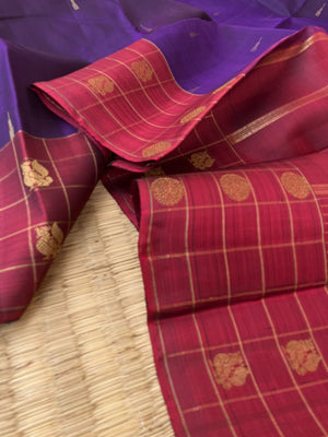 Maaya - Magical Kanchivarams - deep dark violet and maroon with rain drops woven buttas with chex woven borders