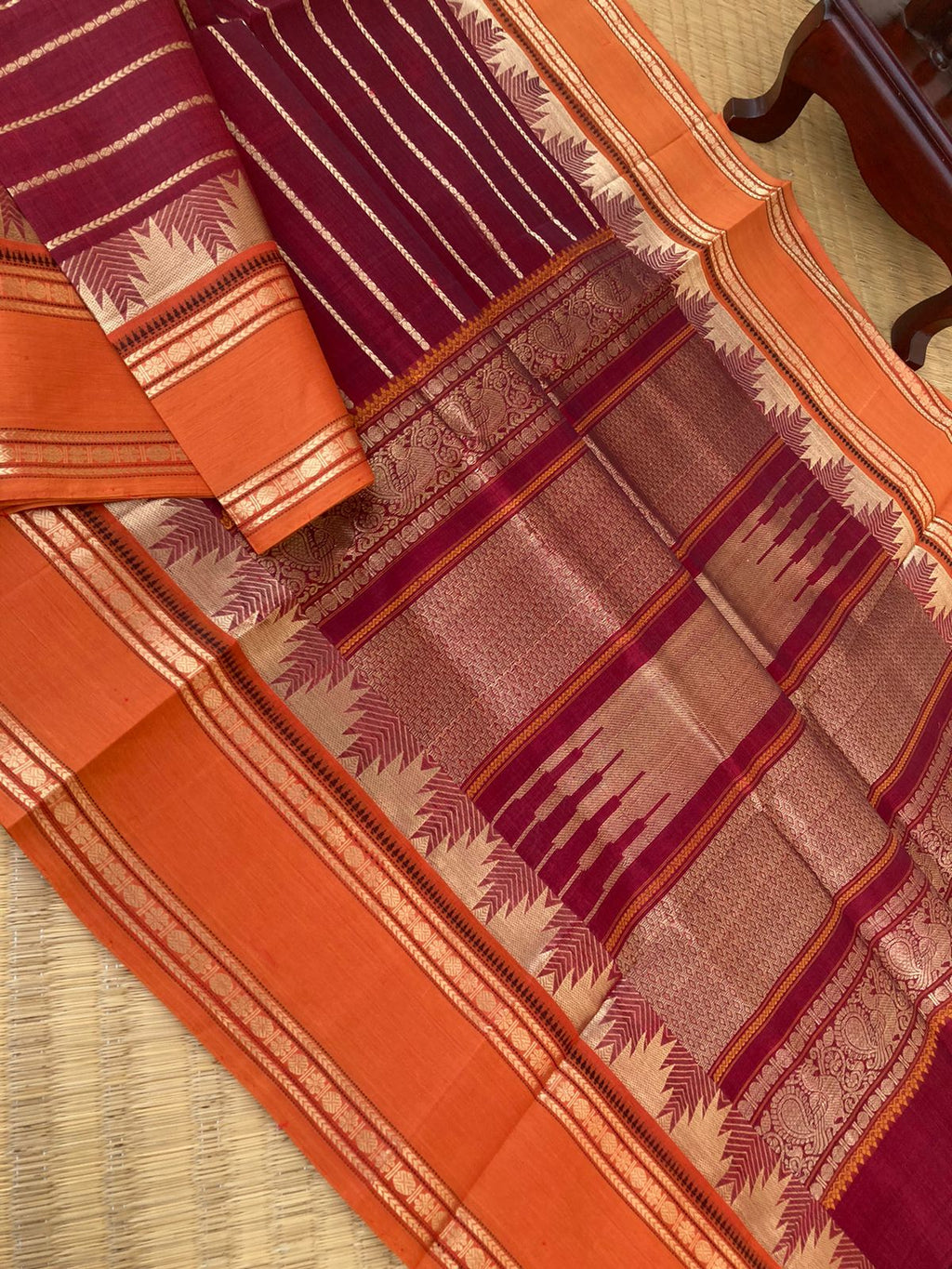 Zari Kissed Silk Cotton - stunning deep maroon and orange veldhari