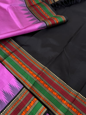 Sahasram - rose pink and black with gorgeous thread work woven borders and pallu