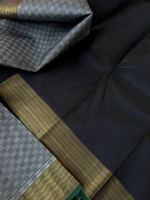 Kattams on Kanchivaram - grey black mat chex ( pai kattam ) with black pallu and blouse