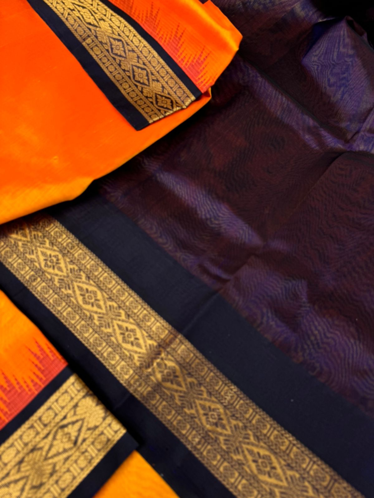 Korvai Silk Cotton - sun set orange and navy blue