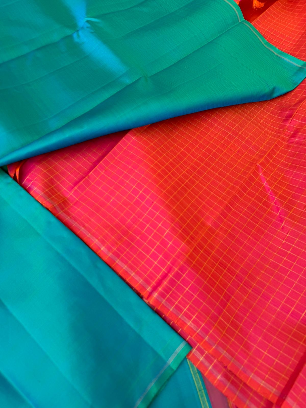 Contrast Play on Full Plain Kanchivarams - beautiful dual tone apple green short blue body with pink short orange pallu and blouse