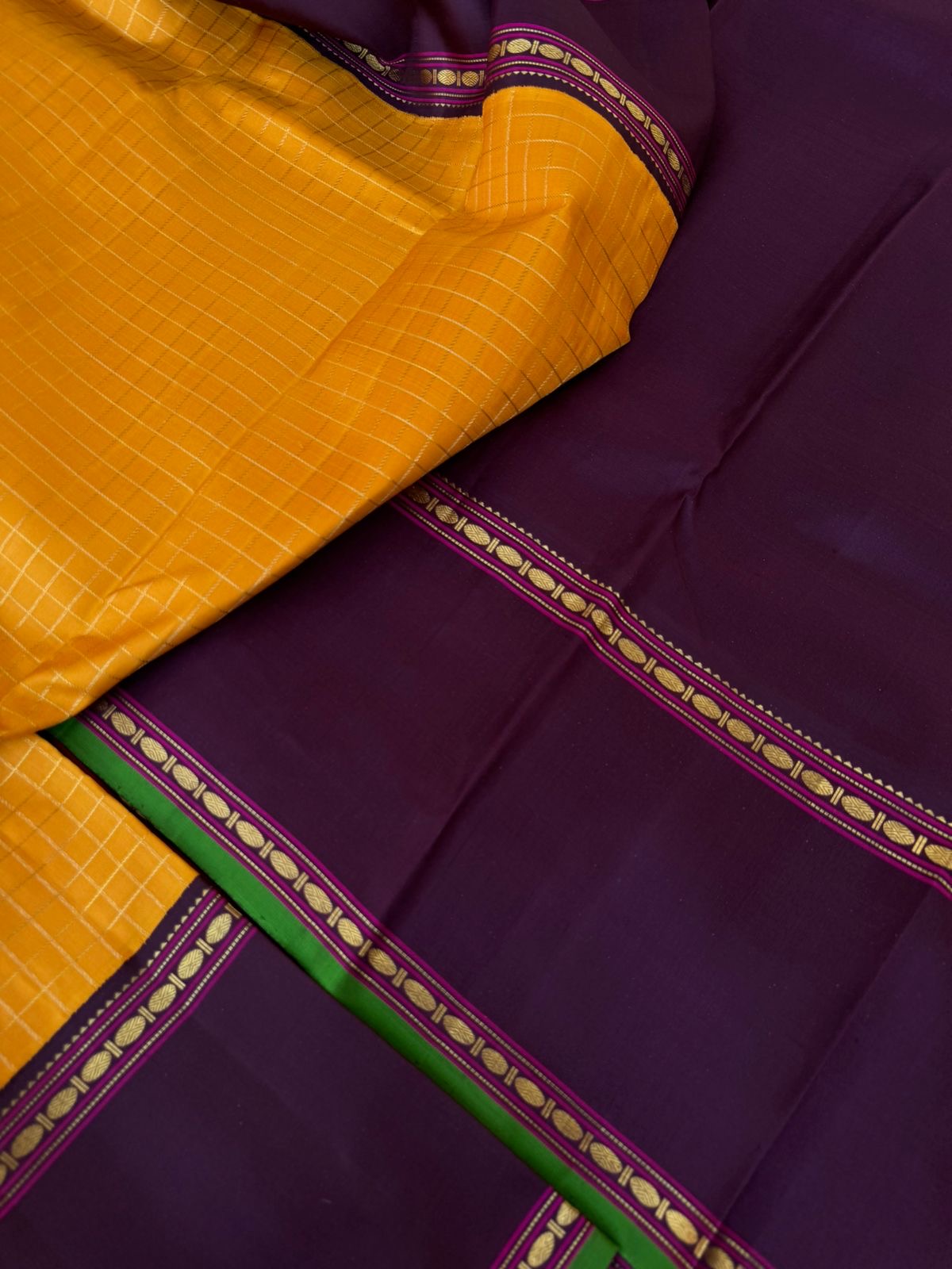 Vintage Ragas on Korvai Kanchivaram - traditional at the best mustard and beetle nut zari woven muthukattam with beetle nut purple retta pett borders