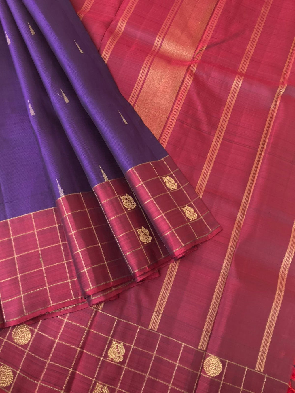 Maaya - Magical Kanchivarams - deep dark violet and maroon with rain drops woven buttas with chex woven borders