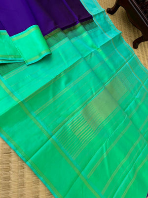 Album Untouched - deep violet blue plain body with aqua blue green korvai woven borders