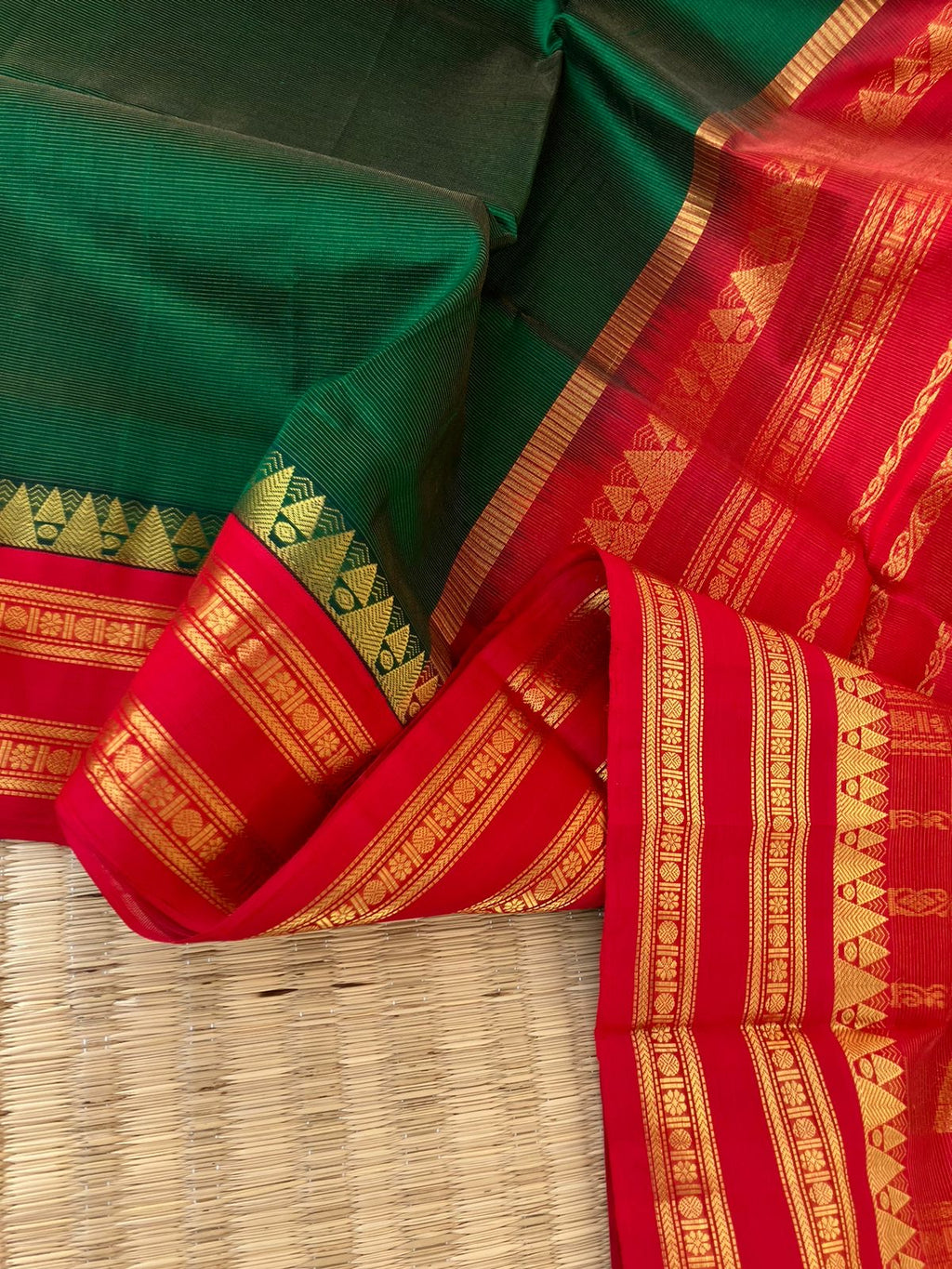 Korvai Silk Cotton - meenakshi green and red vairaoosi