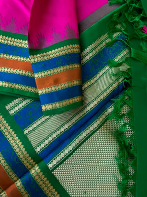 Silk Play on No Zari Kanchivaram - the beautiful Indian pink and Meenakshi green pallu and blouse