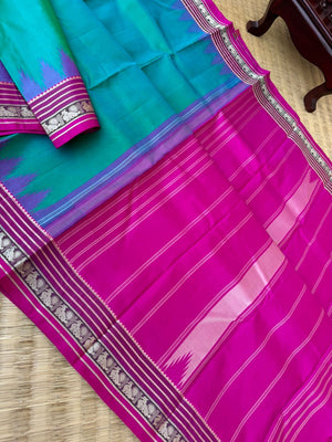 Pattu Pett - Exquisite No Zari Kanchivarams - dual tone aqua blue green with rani pink annapakshi woven korvai borders