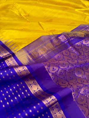 Korvai Silk Cotton - yellow and blue with lakshadeepam woven borders