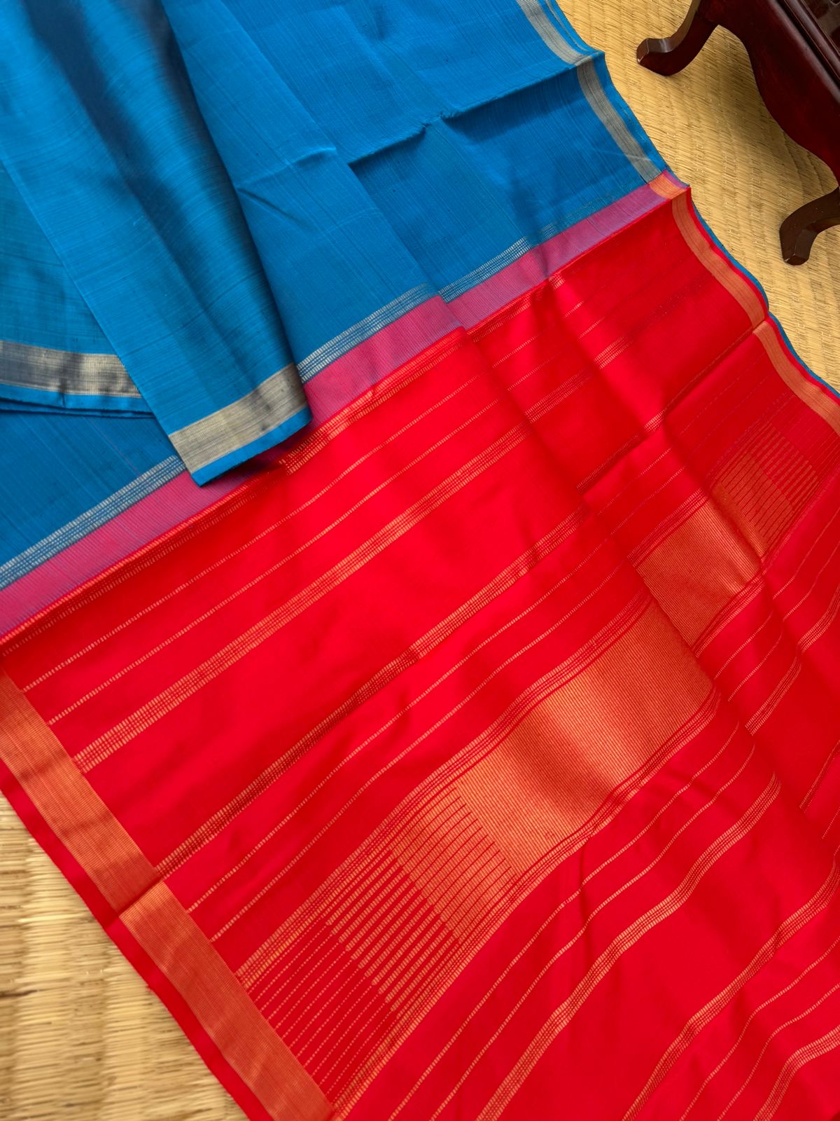 Shree - Stunning Small Border Kanchivarams - burnt blue and red