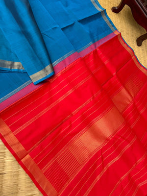 Shree - Stunning Small Border Kanchivarams - burnt blue and red