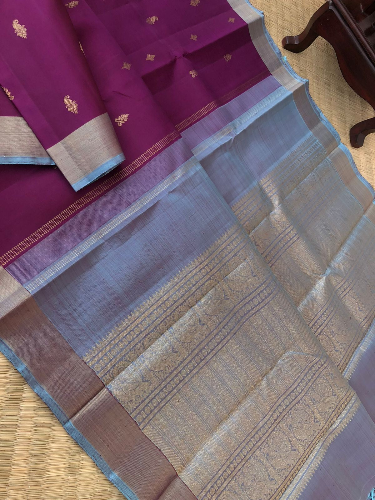 Radhee - Rare Find Kanchivarams - unusual deep purple majenta body and greyish blue pallu and blouse