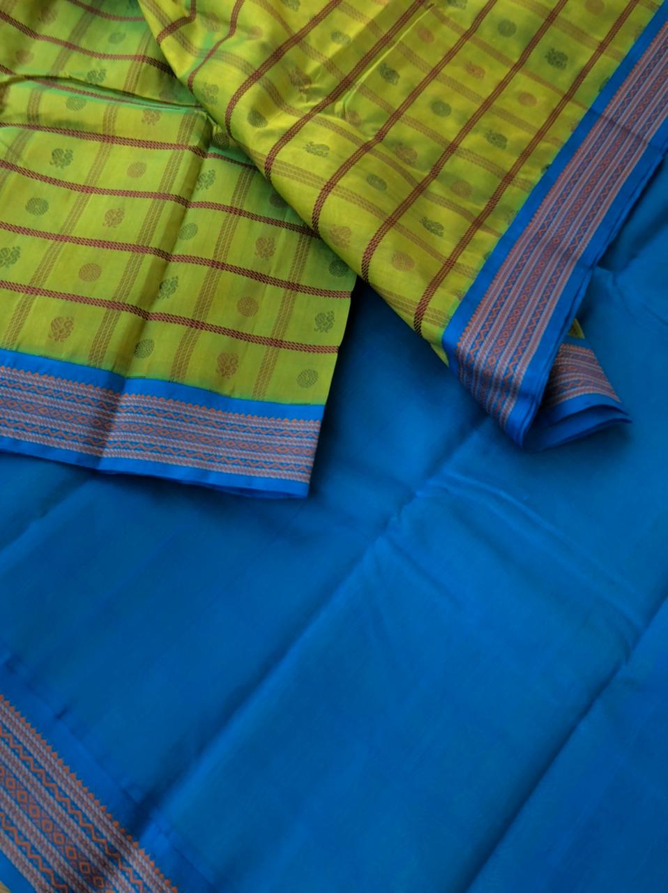 Divyam - Korvai Silk Cotton with Pure Silk Woven Borders - mustard mixed green 1000 buttas