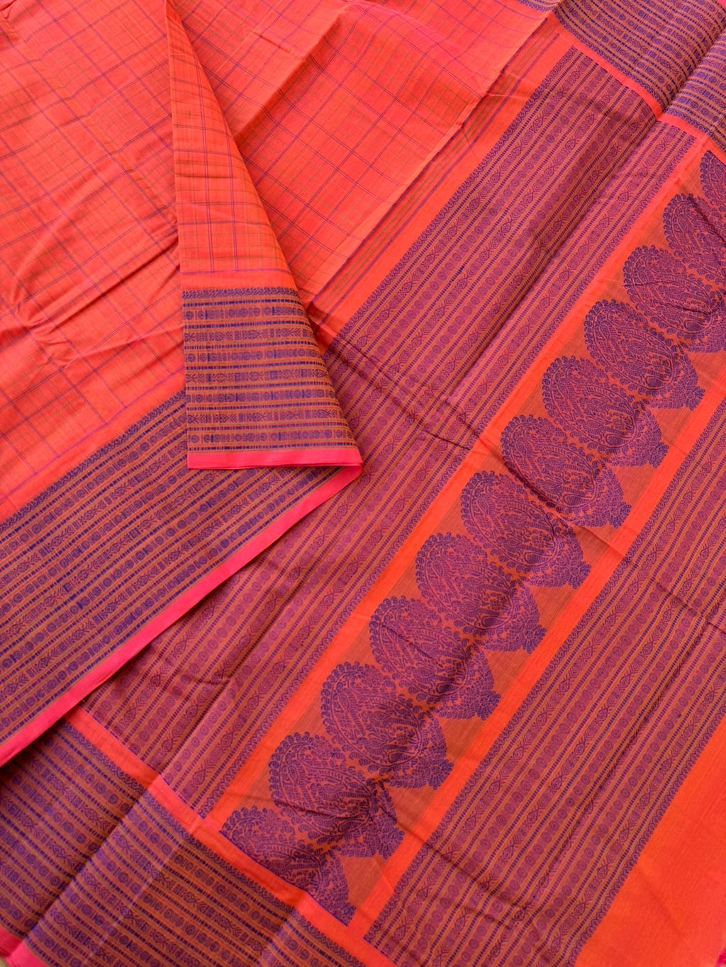 Mangalavastaram - peach orange mixed chex woven body with fish pett woven borders