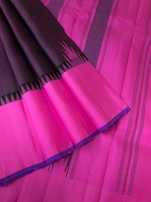 Kaavyam on Korvai Kanchivaram - black and rose pink short body with oosi stripes