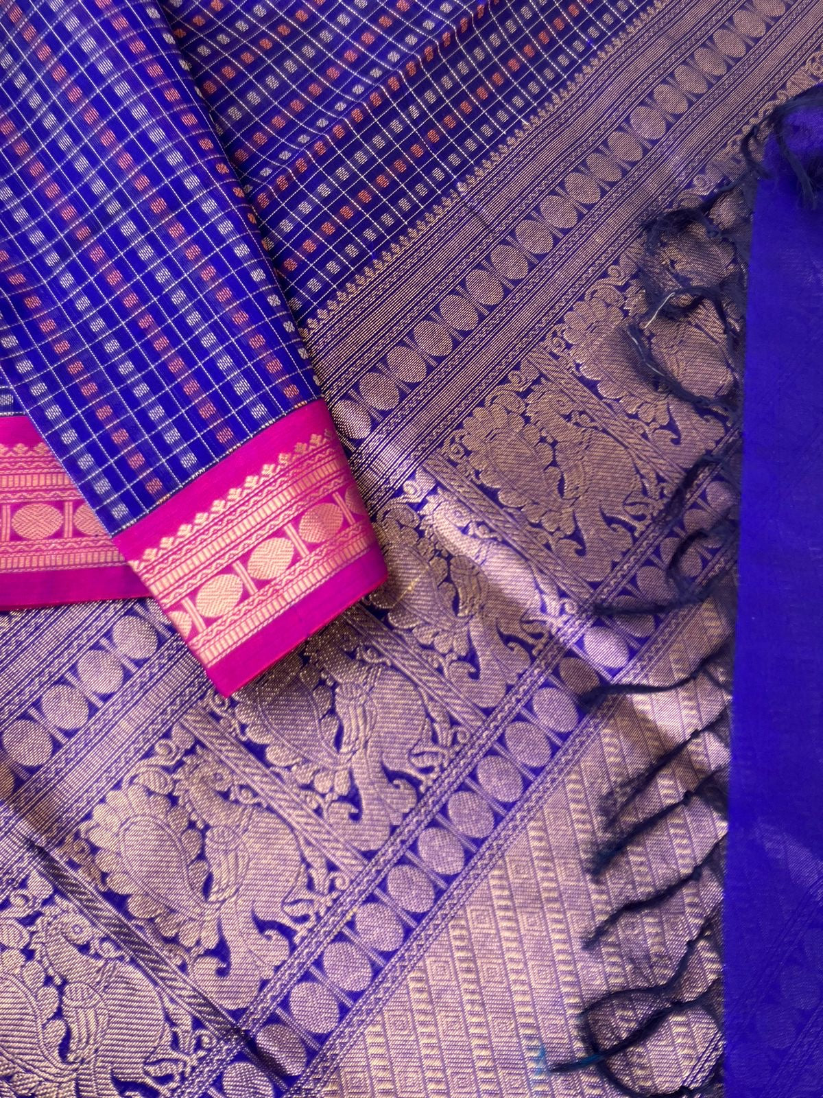 Traditional Colours Woven Motifs Silk Cotton - royal blue lakshadeepam