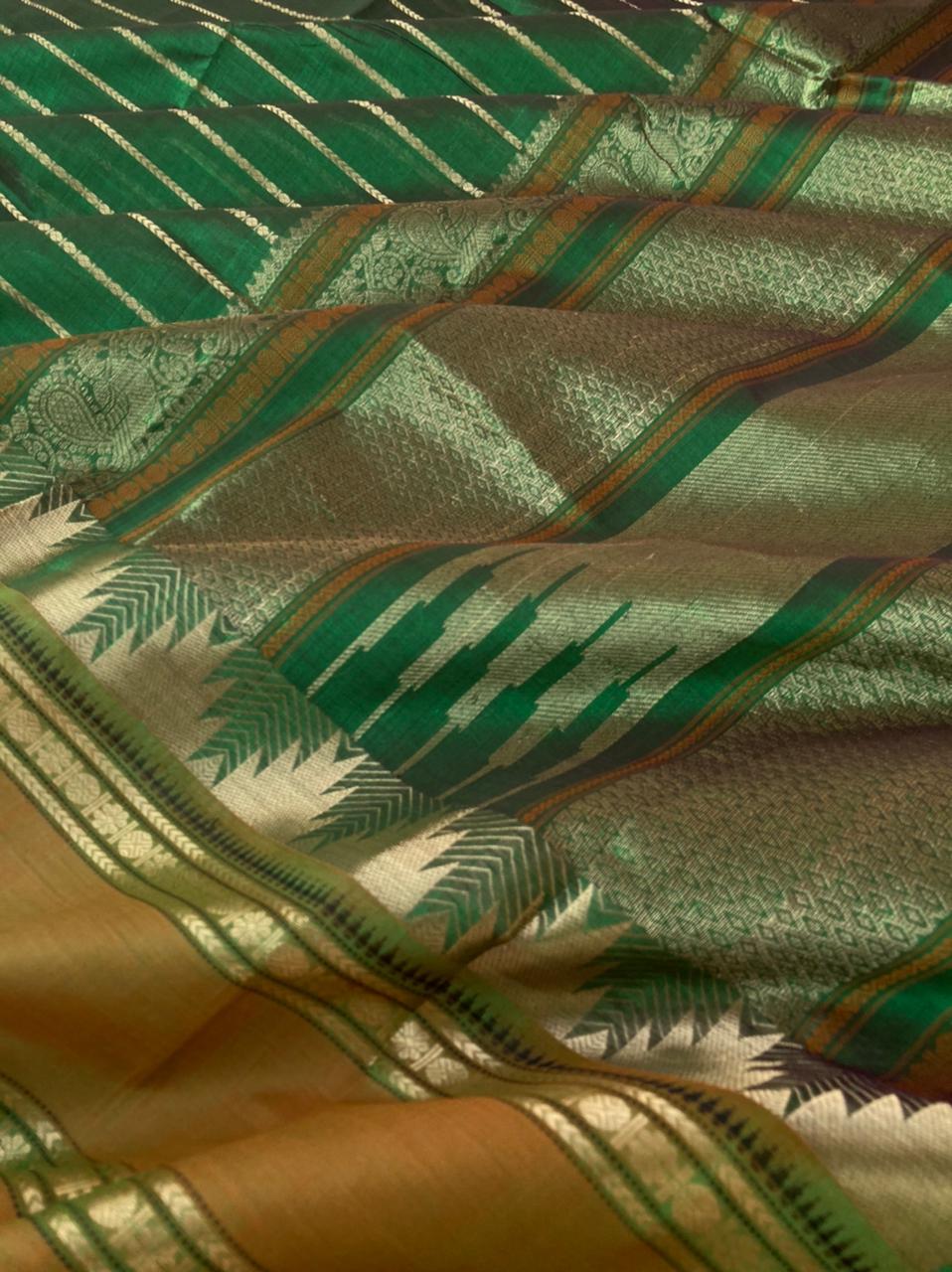 Zari Kissed Silk Cotton - algae green mixed maroon veldhari