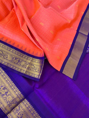 Korvai Silk Cotton - beautiful orange short pink zari kattam with ms blue pallu and blouse