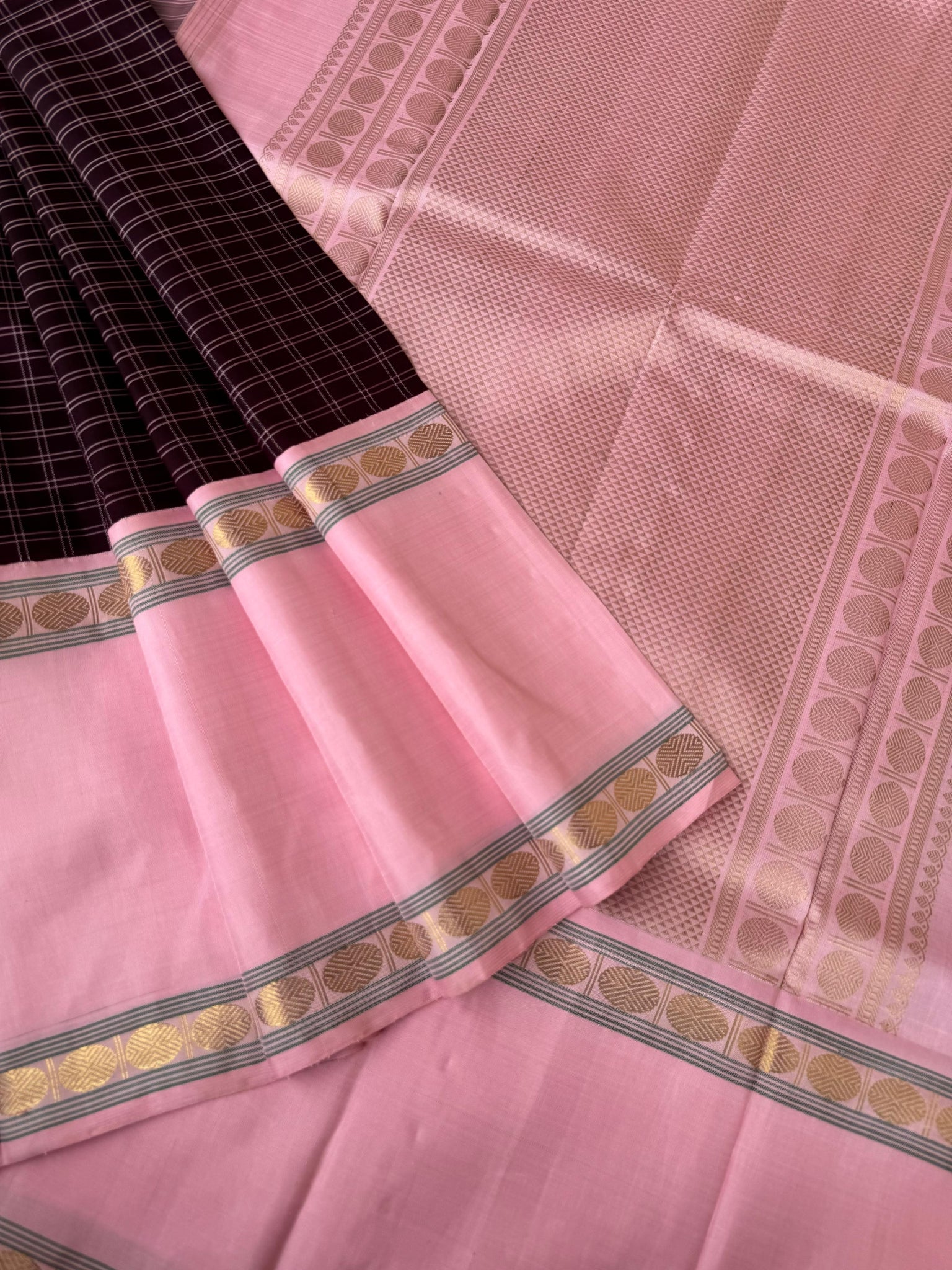 Truly Vintage - the beautiful burgundy and baby pink kattam and Korvai Kanchivaram with retta pett woven borders