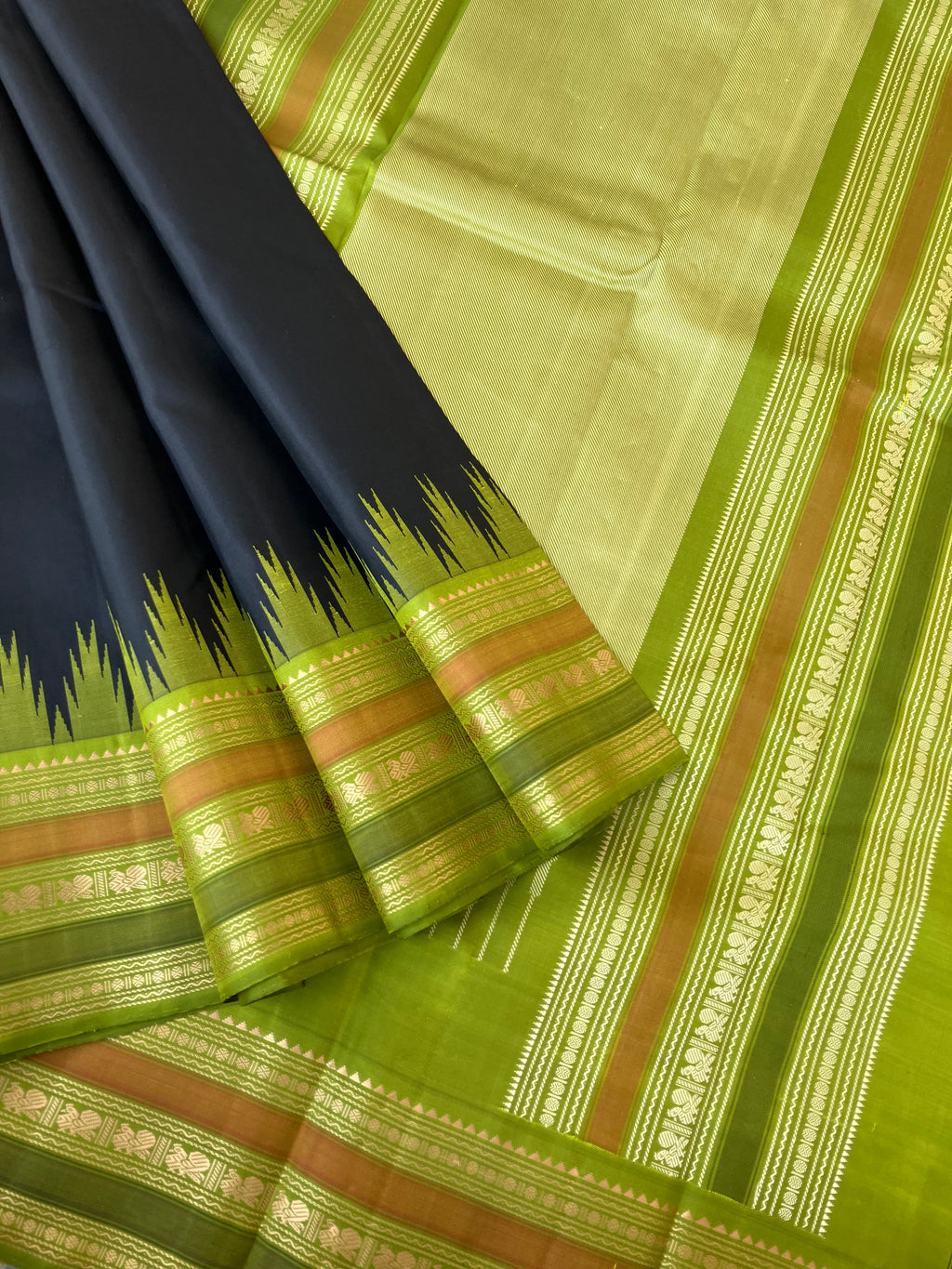 Sahasra - Beauty of No Zari Korvai Kanchivaram - black and olive green with intricate woven borders