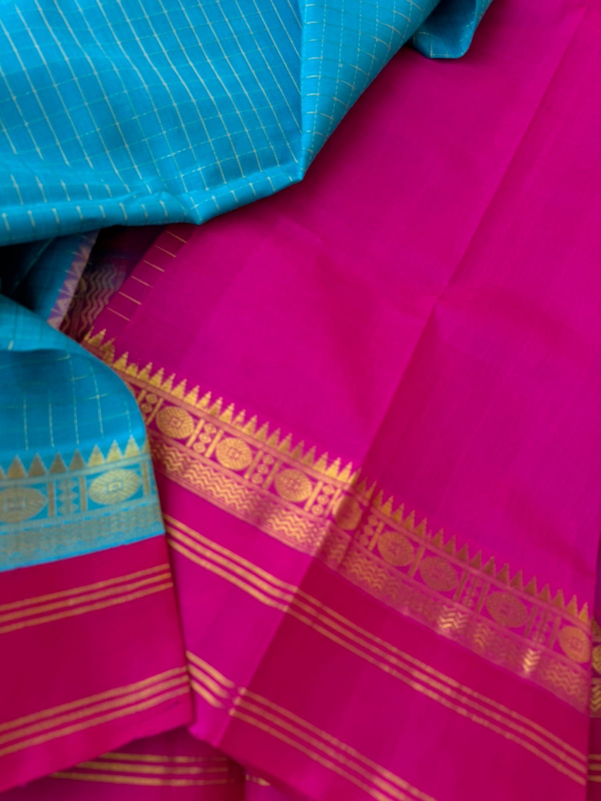 Korvai Silk Cotton - blue and pink zari kattam